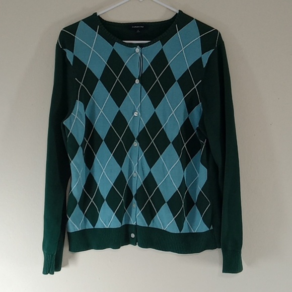 Lands' End Pants - Land's End Women Sweater Used Preowned Checkered LARGE GREEN MULTI-COLOR